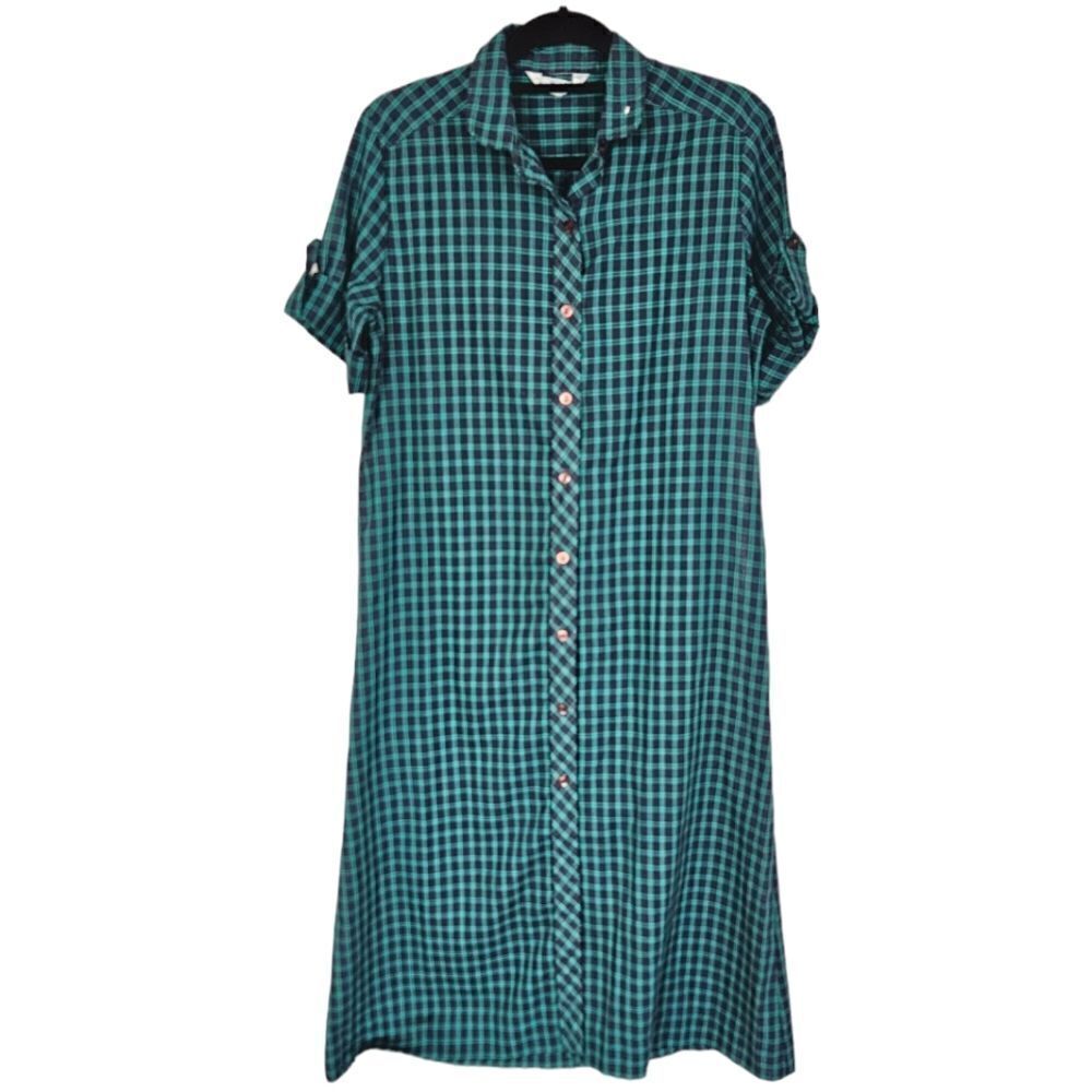 Button-Front Teal & Black Checked Midi Shirt Dress